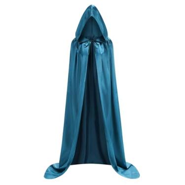 Imagem de yolsun Capa de cetim azul pavão com capuz para homens e mulheres, fantasia de vampiro adulto com capuz (110 cm/43,3")