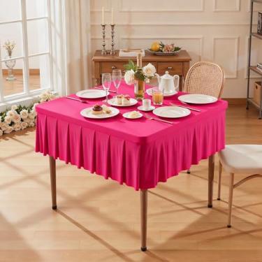 Imagem de Wish Care Toalhas de mesa de elastano rosa choque para mesas quadradas de 86 x 86 cm, roupas de mesa elásticas com saia plissada com babados para mesa de 86 cm, sem rugas e elásticas, para festa