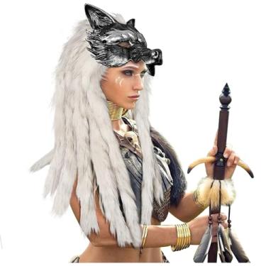 Imagem de L'VOW Máscara de lobo de pele viking lobisomem cosplay acessório bárbaro para mulheres homens Halloween LARP, Prata, tamanho �nico