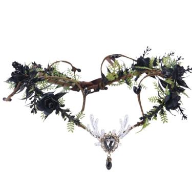 Imagem de MOSTORY Coroa de elfo de flor negra – círculo floral gótico para acessórios femininos de fadas escuras, acessório de cabeça de fada preta para cosplay renascentista renfaire cosplay Halloween