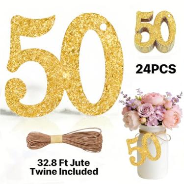Imagem de ALISSAR 24 peças de etiquetas de ouro com 50 números com barbante de juta de 32,8 m – decorações de 50 anos, artigos de festa de 50º aniversário, peças centrais de pote de pedreiro, kit de embrulho de