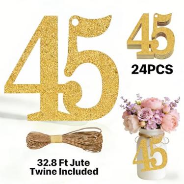 Imagem de ALISSAR 24 peças de etiquetas de ouro com 45 números com barbante de juta de 32,8 m – decorações de aniversário de 45 anos, artigos de festa de 45 anos, peças centrais de pote de pedreiro, kit de