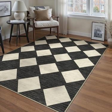 Imagem de PureCozy Tapetes quadriculados 7 x 12 cm para sala de estar, preto, lavável à máquina, tapete grande, antiderrapante, resistente a manchas, baixa pilha boho, para uso interno, escritório, quarto, sala