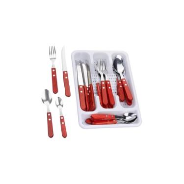 Imagem de Jogo de Talheres com Porta Talher, 25 Peças, Cabo de Madeira, Inox, Inclui Facas, Garfos e Colheres