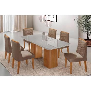 Imagem de Sala Jantar Mesa Maldivas Tampo c/ Vidro Curvo 180cm+6 Cadeiras Maldivas Madeira Naturale/Off White - Capuccino/Suede Capuccino - Rufato