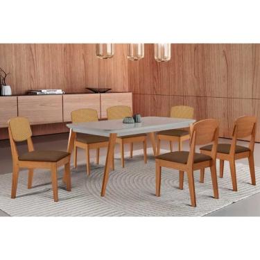 Imagem de Sala Jantar Mesa Havana Tampo c/ Vidro Curvo 180cm+6 Cadeiras Havana Naturale/Off White - Corano Capuccino - Rufato