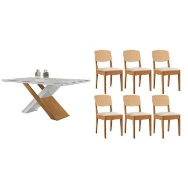 Imagem de Sala Jantar Mesa Imperatriz Tampo c/ Vidro Curvo 180cm+6 Cadeiras Havana Naturale/Off White - Suede Creme - Rufato