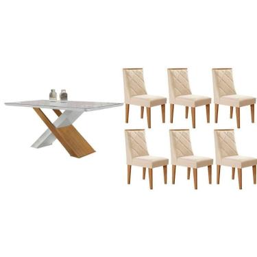 Imagem de Sala Jantar Mesa Imperatriz Tampo c/ Vidro Curvo 180cm+6 Cadeiras Pietá Madeira Naturale/Off White - Capuccino/Suede Creme - Rufato