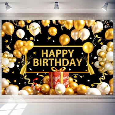 Imagem de Art_Angels Pano de fundo de feliz aniversário de 2,8 x 1,5 m com balão preto e dourado, grande pano de fundo de festa para mulheres, meninos ou meninas, suprimentos para sessões de fotos