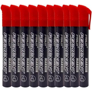 Imagem de Kit 10 Marcadores Permanentes Vermelhos Ponta Fina Pincel Atômico Para Escrita Desenho Escritório Escola Material Escolar