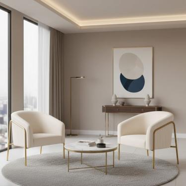 Imagem de Poltrona Sala Decorativa Kit 2 Stella Base Alta Tubo Dourado Veludo Cotelê D03 - D'rossi Cor Bege