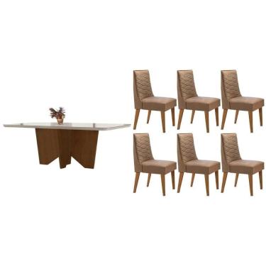 Imagem de Conjunto Sala de Jantar Nevada c/ Tampo Madeirado c/ Vidro Canto Curvo 180x90cm e 6 Cadeiras Dafne Madeira Maciça Naturale/Off White - Capuccino/Linho