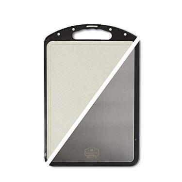 Imagem de TENDER COTTAGE Tábua de corte dupla face – Grande 38 x 25 cm – Aço inoxidável 316 e Grama de Trigo – Durável, leve – Frutas, Legumes, Carnes Cruas – Ranhura de Suco – Alça fácil de segurar