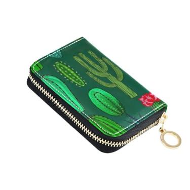 Imagem de Carteira feminina minimalista de couro com porta-cartões com bloqueio de RFID, cactos verdes vibrantes, suculentas, carteira com zíper e bolso para moedas