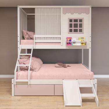 Imagem de Beliche Casinha Reta Casal/ Solteiro 02 Gavetas Rosa Escorregador E Cortina Madeira Maciça Branco/ Rosa Housin
