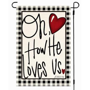 Imagem de RABUSOFA Bandeira de jardim de Dia dos Namorados 30,5 x 45,7 cm exterior dupla face, Oh How He Loves Us Buffalo Plaid Rustic Yard Outdoor Decoration(13) (preto, tamanho do jardim: 30,5 x 45,7 cm)