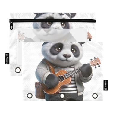 Imagem de Urso panda ukulele fofo 3 anéis fichário bolsa para lápis com zíper bolsa para lápis caneta sala de aula escola pastas transparentes bolsos tecido 25 cm x 18 cm, 2 pacotes