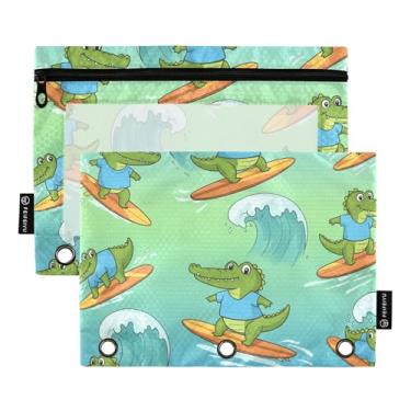 Imagem de GAIGEO Pasta de lápis com 3 anéis para sala de aula, bolsas de lápis com zíper, bolsos transparentes personalizados, desenhos animados, crocodilos, pranchas de surfe, 25 x 18 cm, 2 pacotes
