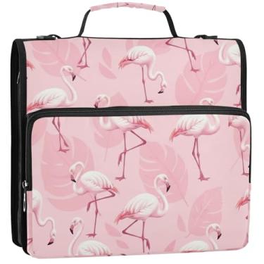 Imagem de Fichários florais de 3,8 cm, 3 anéis, folhas de flamingos, com zíper, organizador de fichário, comporta 500 folhas, bolsa escolar com alça de ombro, 34,5 x 31,5 x 9 cm