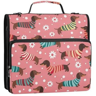 Imagem de 3 fichários de 3 anéis de 3,8 cm anel D fofo desenho animado dachshunds listrado cores fichário com zíper fichário organizador com alça bolsa escolar de desenho animado vários bolsos pasta grande
