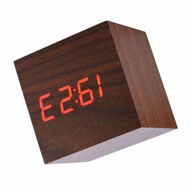 Imagem de Generic Despertador Digital Eletrônico de Madeira Termômetro Display Led Controle de Voz para Quarto Escritório Decoração de Casa 6x6x6cm (Madeira marrom + luz vermelha)