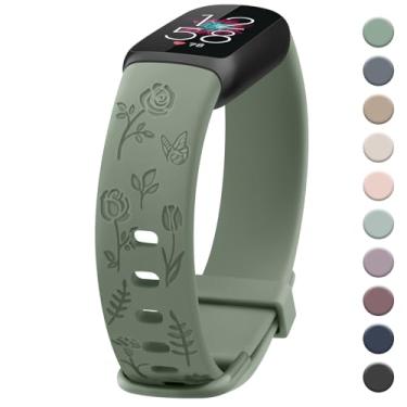 Imagem de Pulseira feminina com gravação floral, compatível com Fitbit Luxe, pulseiras esportivas macias de substituição para monitor de fitness e bem-estar Fitbit Luxe (verde abacate)
