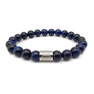 Imagem de Morchic Pulseira elástica masculina com pedras preciosas naturais de 8 mm, contas de pedra de cristal de energia genuína, design simples clássico, presente de aniversário de 19 cm Azul