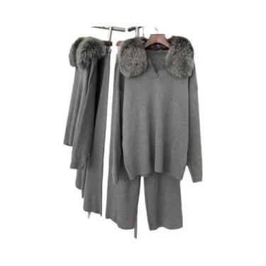 Imagem de Conjunto De Suéter De Tricô Feminino Primavera Outono Com Gola De Pele