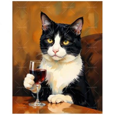 Imagem de Kit de pintura de gato smoking por números para adultos - DIY gato preto e branco com pintura de vinho em tela, conjunto de tinta acrílica, adequado para iniciantes, arte para decoração de casa ou