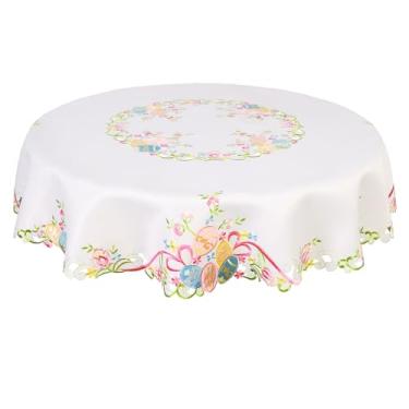 Imagem de Grelucgo Toalha de mesa bordada com ovos coloridos para festas de Páscoa, decoração de mesa de jantar sazonal de primavera (redonda de 175 cm)