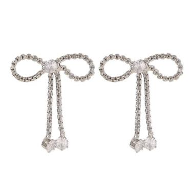 Imagem de Kokoma Brincos de pingente de laço de cristal para mulheres, zircônia cúbica, laço vazado, brincos de borla longa, pingente de gota, moda joia de orelha