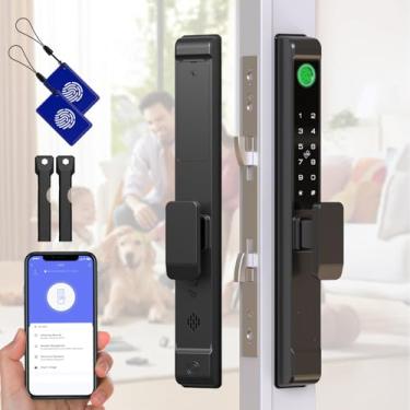 Imagem de Fechadura inteligente para porta deslizante, fechadura de vidro deslizante com impressão digital, fechadura de encaixe inteligente com chaves de código de cartão IC APP, gancho duplo para porta de