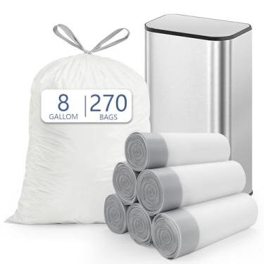 Imagem de Sacos de lixo de 8 galões (30L), serve para latas de lixo SONGMICS de 8 galões, 6 rolos de 270 sacos de lixo brancos resistentes, sacos de lixo com cordão pré-separados, adequados para cozinha