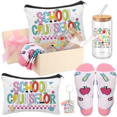Imagem de Skylety 5 peças de presentes de semana de aconselhamento escolar para mulheres copo de vidro meia bolsa cosmética porta-crachá agradecimento conselheiro escolar caixa de presente para escola