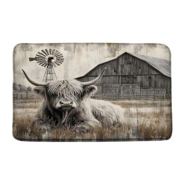Imagem de WUASDCS Farmhouse Highland Tapete de banho de vaca rústico engraçado gado vida selvagem vintage moinho de vento celeiro país ocidental animal banheiro cozinha tapete de microfibra tapete de decoração