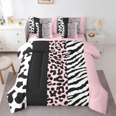 Imagem de Jogo de cama solteiro com 7 peças, estampa de zebra de vaca e guepardo rosa em uma bolsa, conjunto de cama de animais de fazenda inclui edredom, conjunto de lençol, fronhas e fronhas, estampa de pele