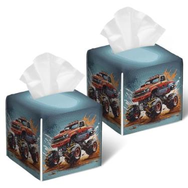 Imagem de Capa de caixa de lenços Monster Truck 2 peças, suporte de caixa de lenços de papel facial quadrada caixa de lenços organizador de cubo para banheiro, quarto, mesa, escritório