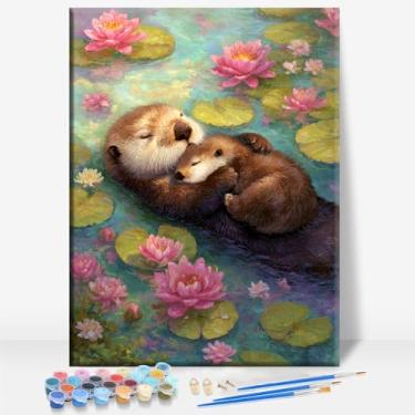 Imagem de HUINORYA Lontra tela emoldurada Dia das Mães DIY kit de pintura por números bar café caverna sala de casa parede banheiro varanda pátio decoração presente, 40,6 x 30,5 cm