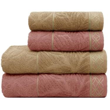 Imagem de Kit 4 Toalhas 100% Algodão – 2 Banho Grandes + 2 Rosto Absorventes, Macias e Felpudas para Uso Diário (Mascavo | Telha)