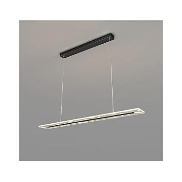 Imagem de Luminária de mesa de jantar LED com regulagem de intensidade e controle remoto, ideal para sala de jantar e sala de estar. Design moderno e retangular, altura ajustável, estrutura em ferro e