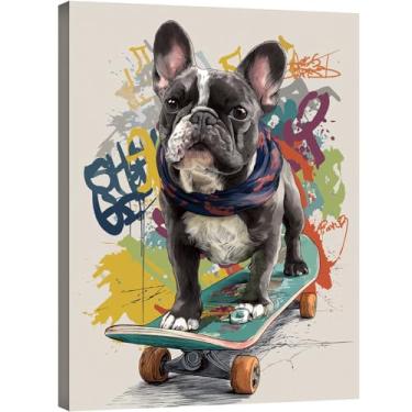 Imagem de Halioyo Arte de parede em tela de buldogue de graffiti, decoração de parede engraçada de cachorro Go skate, pintura de cachorro moderna e legal arte de parede de grafite para quarto de adolescente