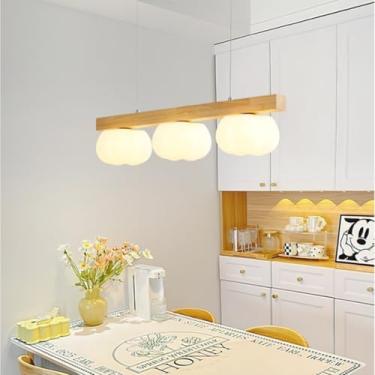 Imagem de Lustre de madeira rústico com cúpula de vidro e lâmpada G9, luminária de teto em formato de abóbora para sala de estar e sala de jantar (3 lâmpadas)