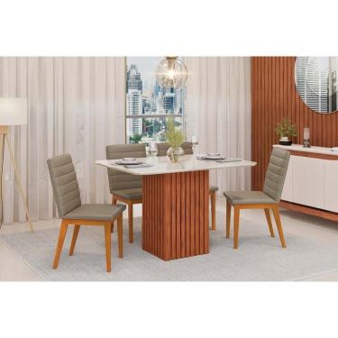 Imagem de Conjunto: Mesa Sala Jantar Canes c/ Tampo Madeirado c/ Vidro Curvo 120x90cm e 4 Cadeiras Sofia Freijo/Off White - Ipe/Linho Bege - DJ Móveis