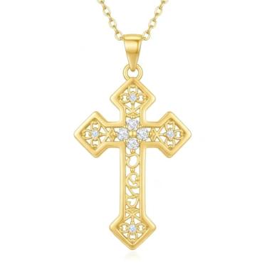 Imagem de Ohslya Colar de cruz banhado a ouro 14 K para mulheres com zircônia cúbica colar de ouro maciço 14K pingente de cruz delicada para mulheres