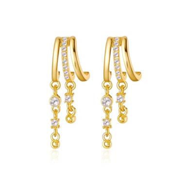 Imagem de BOOZIQ Brincos pendentes de ouro para mulheres, cruz de ouro, estrela e lua, brinco de argola tripla de zircônia cúbica, joia moderna, presente para mulheres, Large, Metal, Sem pedra preciosa