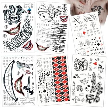 Imagem de 16 folhas de tatuagens de coringa HQ para mulheres e homens, tatuagens temporárias falsas de esquadrão suicida de Halloween, realistas, adereços de baile de máscaras, cosplay, acessórios de festa