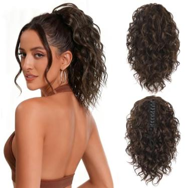 Imagem de ZQIAN BEAUTY Extensão de rabo de cavalo com clipe de garra - Extensões de cabelo cacheado rabo de cavalo de 30 cm, extensões de cabelo sintético, rabo de cavalo com clipe para mulheres (cor: marrom