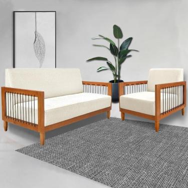 Imagem de Conjunto Sofá Namoradeira e Poltrona Sala de Estar Pés Madeira Maciça Corda Náutica Preta Manila Linho Off White Rústico G63 - Gran Belo