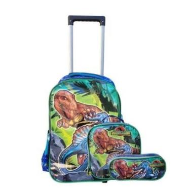 Imagem de Kit Mochila Rodinha Lancheira Estojo Dinossauro Ponto Verde-Masculino