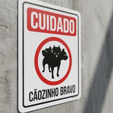 Imagem de Placa Acm Cuidado Cãozinho 3 Cabeças Bravo 18X23 - Sinalizo